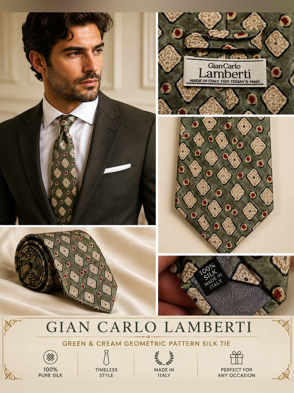 Green and Cream Geometric Pattern Silk Tie